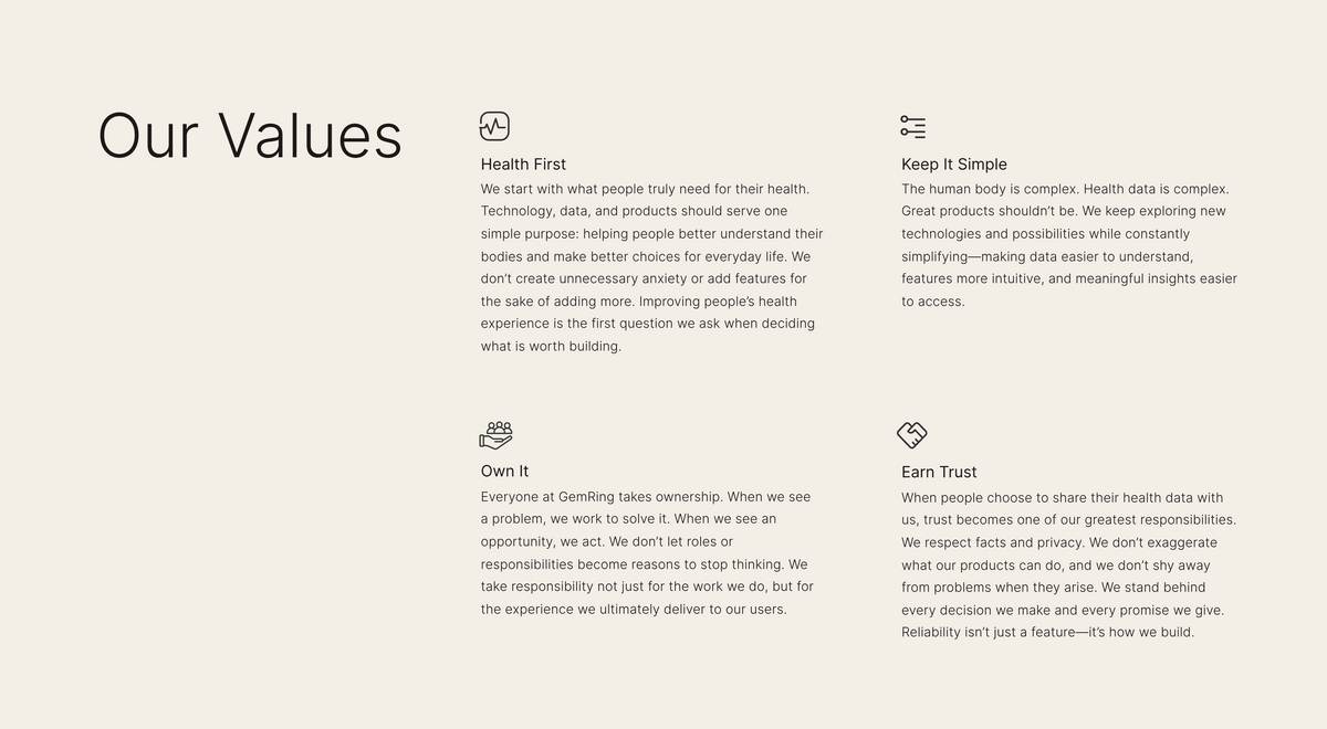 GemRing values: Health First, Own It, Keep It Simple, and Earn Trust.