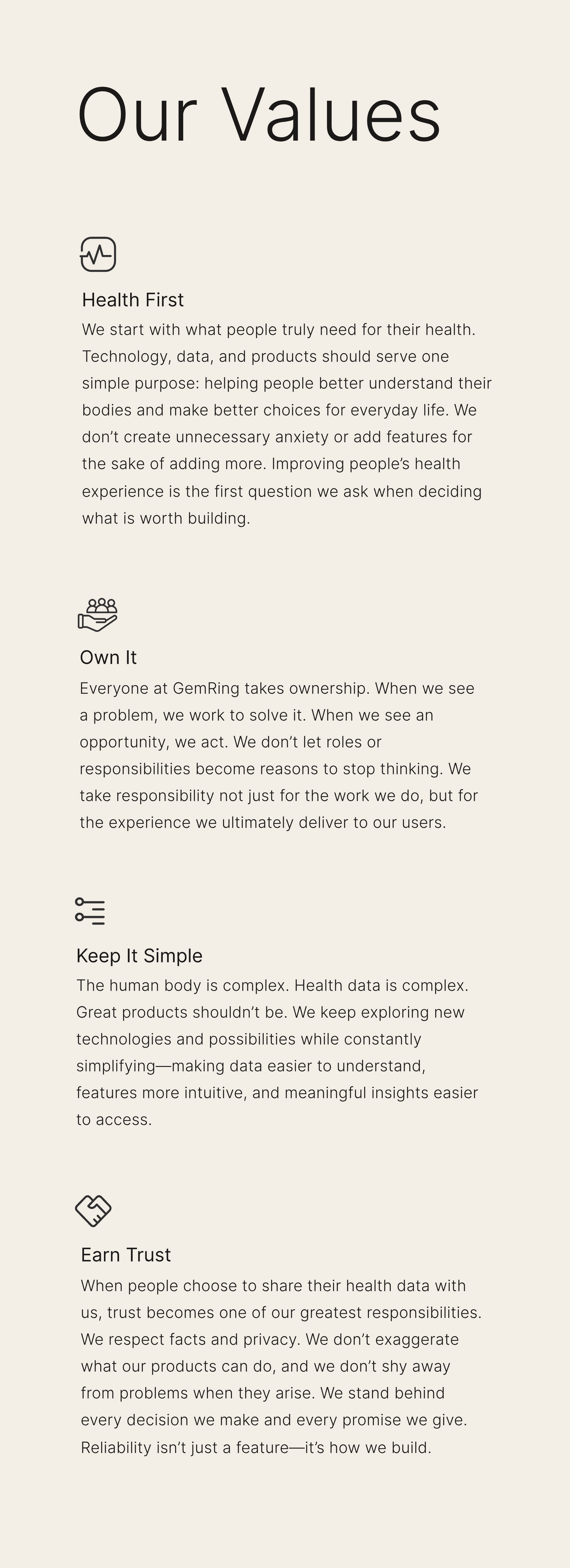 GemRing values: Health First, Own It, Keep It Simple, and Earn Trust.