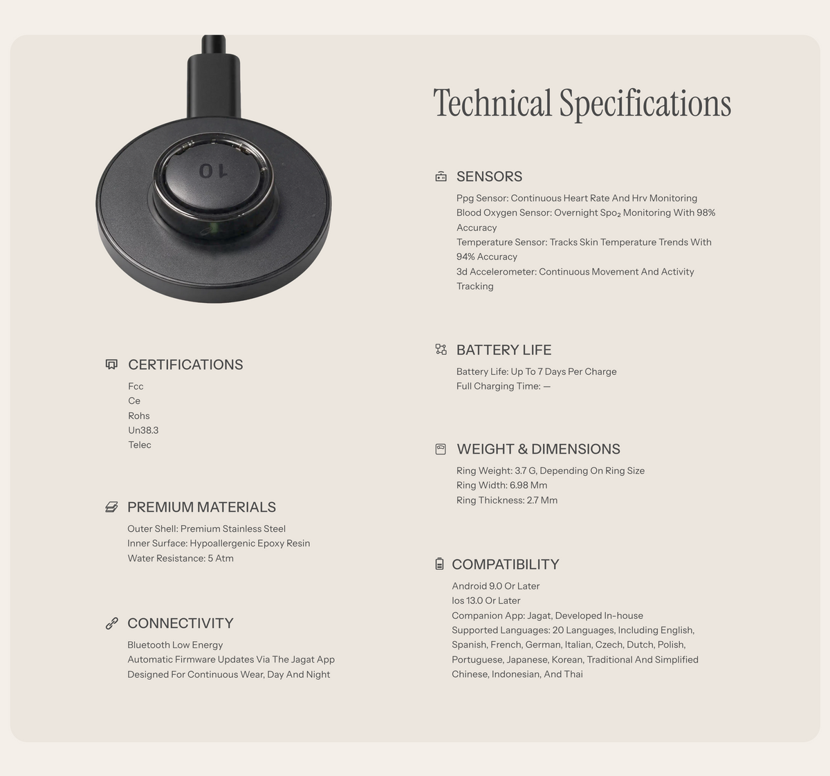 GemRing smart ring technical specifications, including sensors, battery life, dimensions, materials, compatibility, certifications and connectivity.