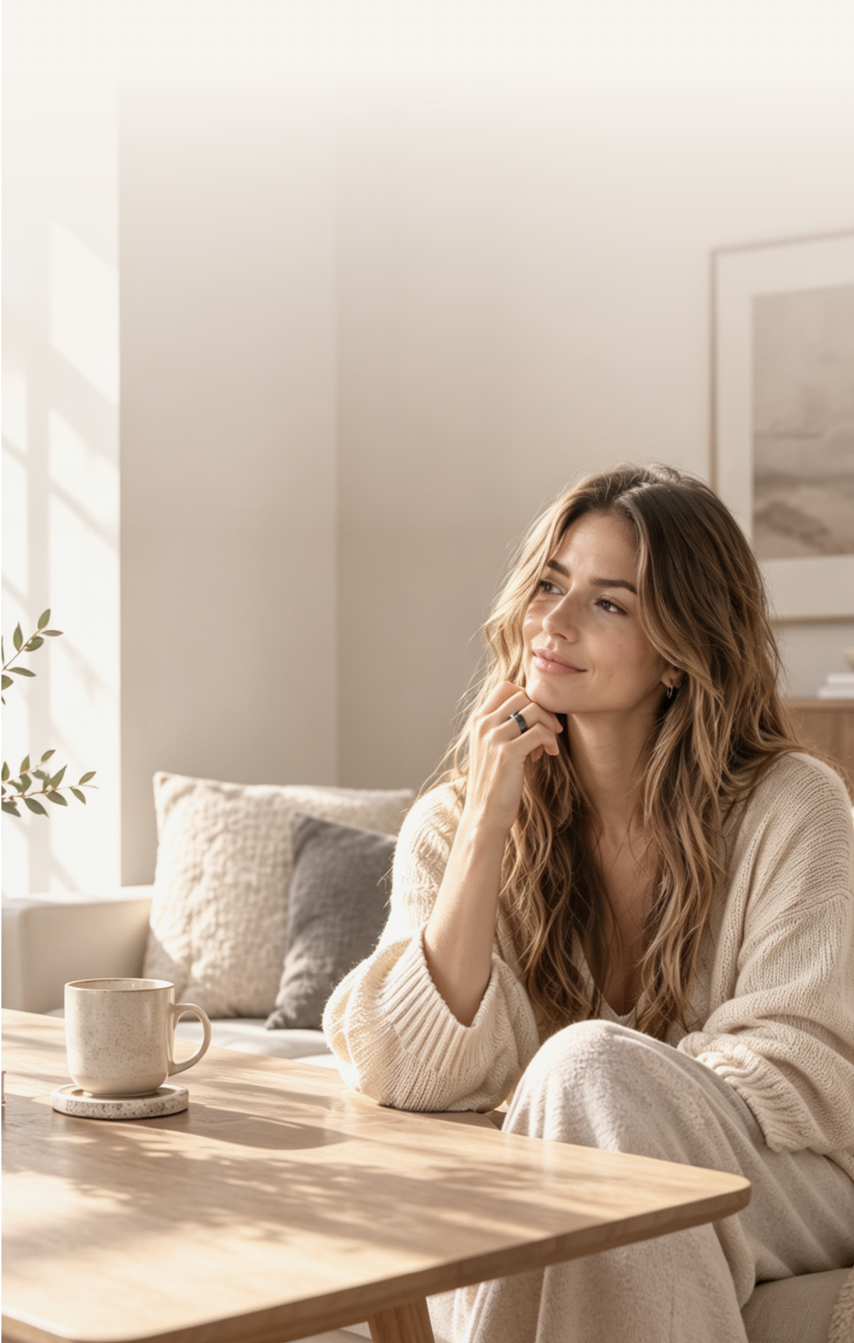 Woman wearing a well-fitted GemRing comfortably at home.