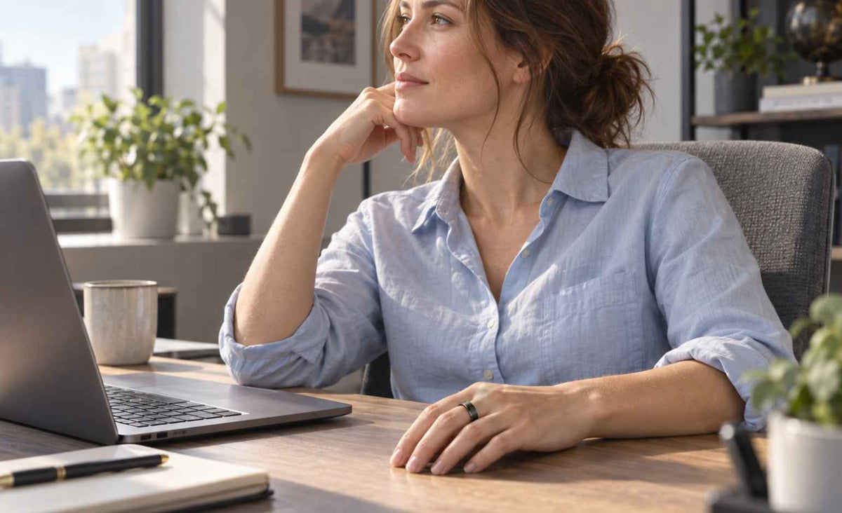 Woman wearing a GemRing while working at a laptop in a bright office.