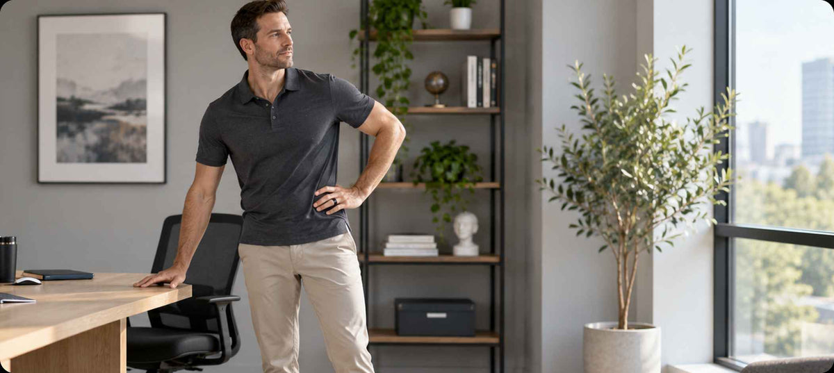 Man wearing a GemRing while standing beside his desk in a bright office.
