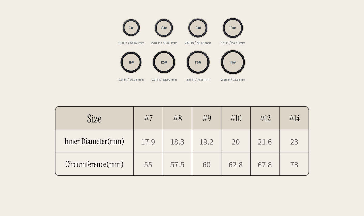 GemRing smart ring size guide showing sizes 7 to 14 with inner diameter and circumference measurements.