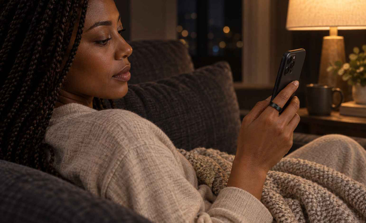 Woman wearing a GemRing while checking health insights on her phone at home.