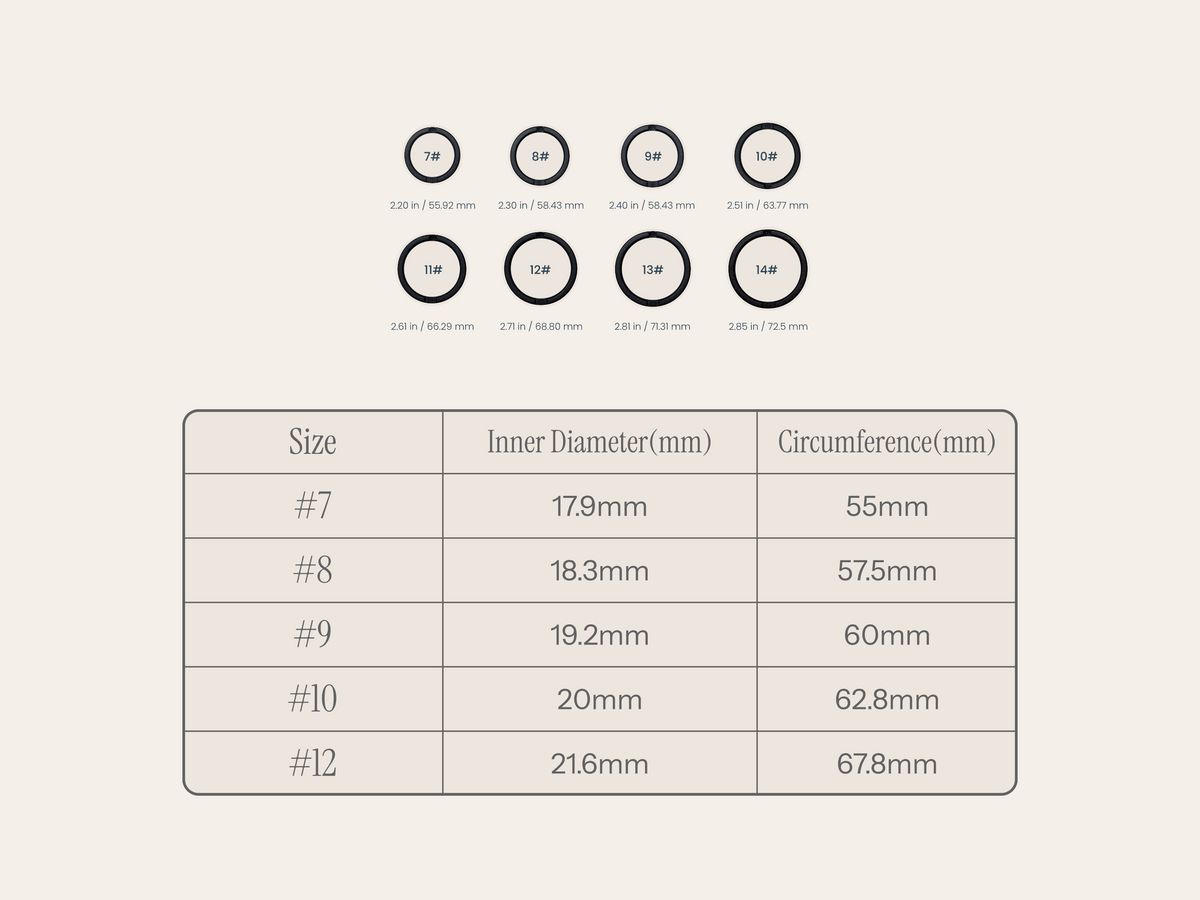 GemRing smart ring size guide showing sizes 7 to 14 with inner diameter and circumference measurements.